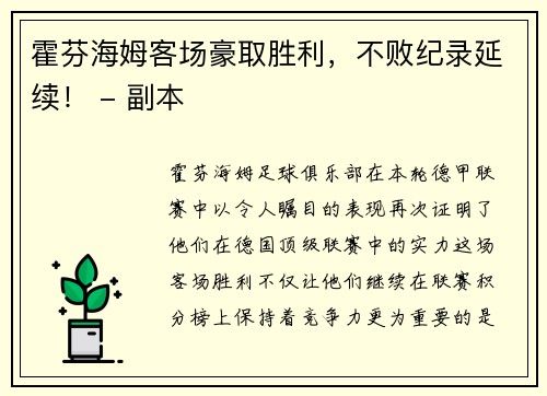 霍芬海姆客场豪取胜利，不败纪录延续！ - 副本