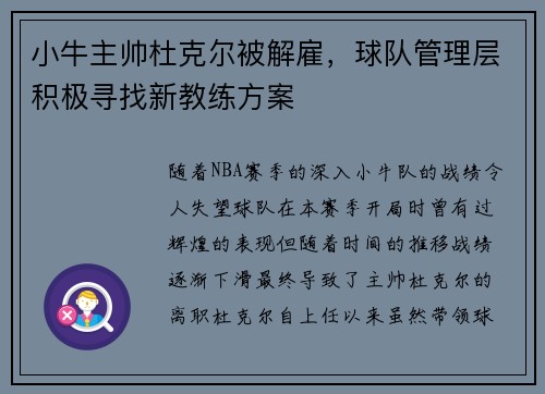 小牛主帅杜克尔被解雇，球队管理层积极寻找新教练方案