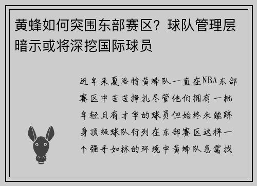 黄蜂如何突围东部赛区？球队管理层暗示或将深挖国际球员
