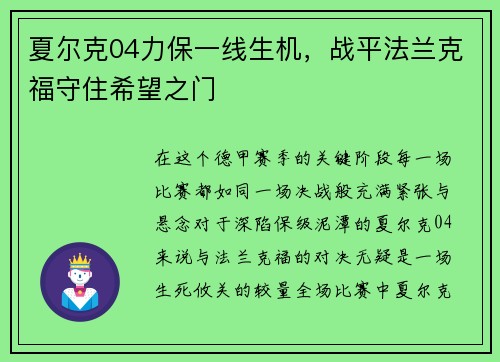 夏尔克04力保一线生机，战平法兰克福守住希望之门