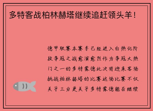 多特客战柏林赫塔继续追赶领头羊！
