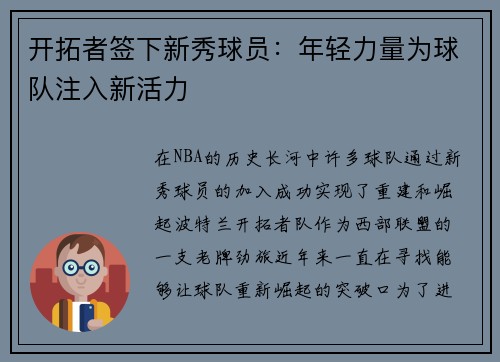 开拓者签下新秀球员：年轻力量为球队注入新活力