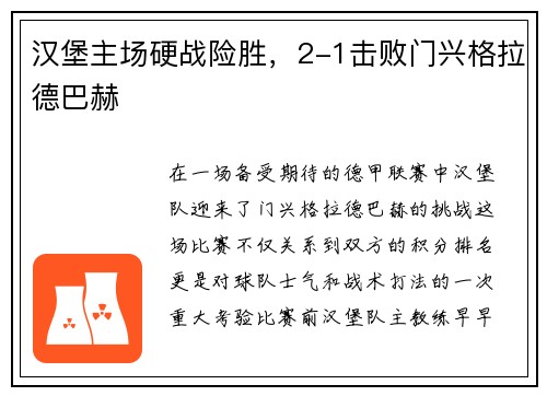 汉堡主场硬战险胜，2-1击败门兴格拉德巴赫