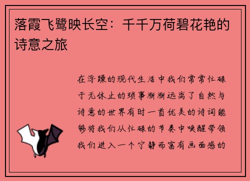 落霞飞鹭映长空：千千万荷碧花艳的诗意之旅